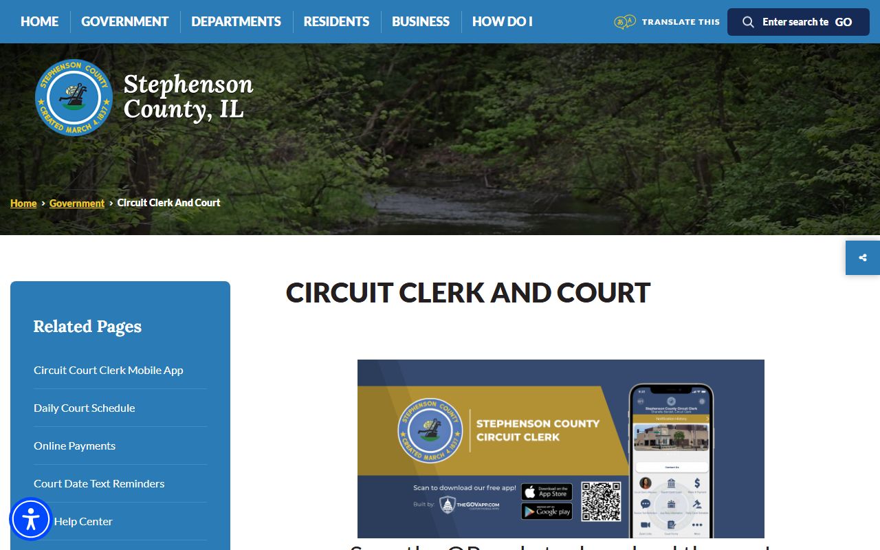 Stephenson County Circuit Clerk contact page with court office information