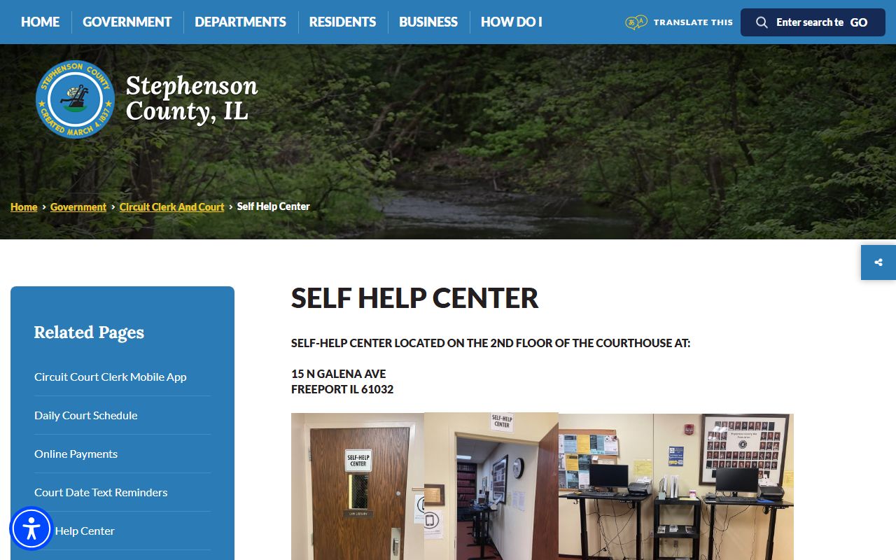 Stephenson County self-help page with Judici case search instructions